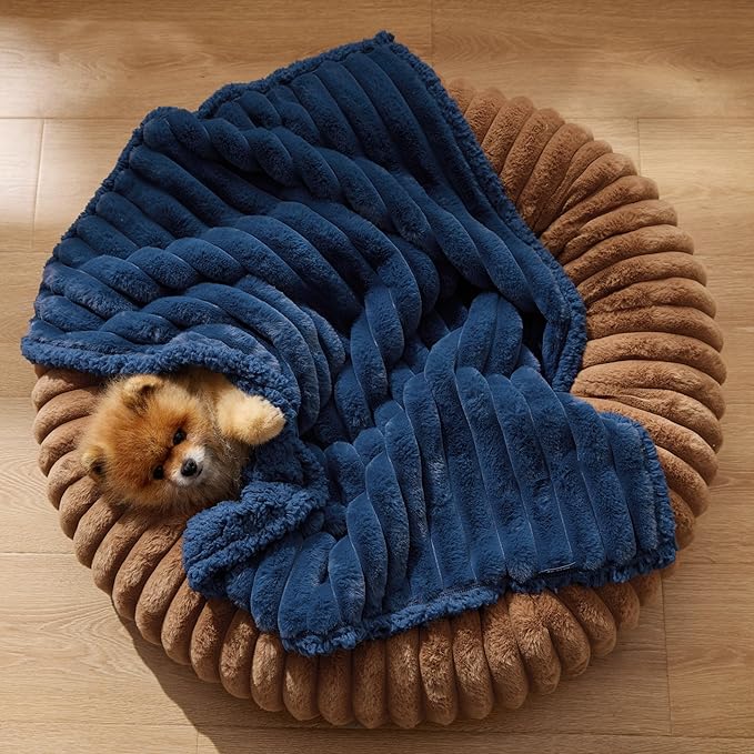 Bedsure ComfyFleece Waterproof Dog Blankets for Small Dogs - Soft Puppy Cat Blanket Corduroy Fleece Washable, Cozy Calming Reversible Furniture Protection for Pet Kitten Doggy,25"x35", Navy Blue