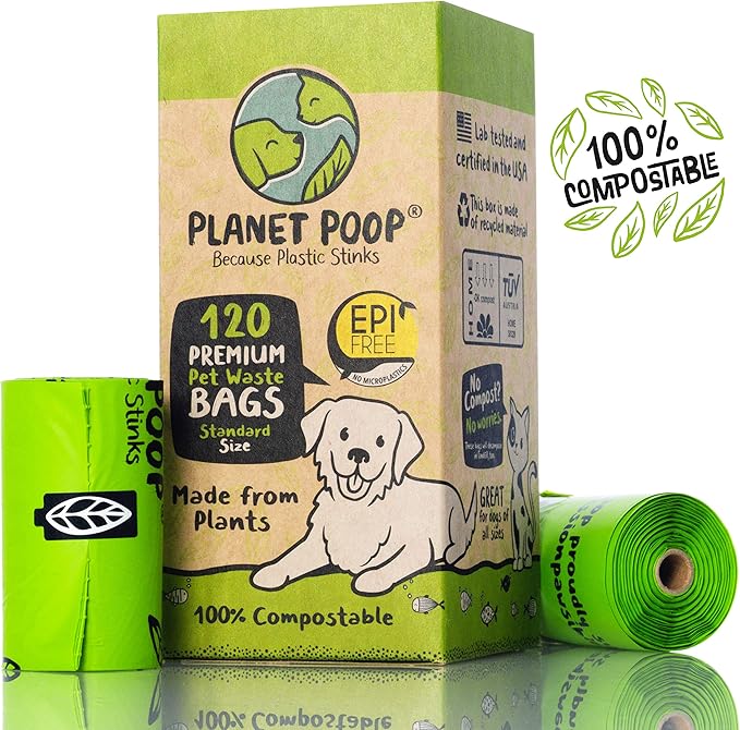 PLANET POOP Home Compostable Dog Poop Bags on Refill Rolls, 120 Un-Scented Pet Waste Bags, Thick Leakproof Plant-Based Doggy Bag, Cat & Dogs Supplies
