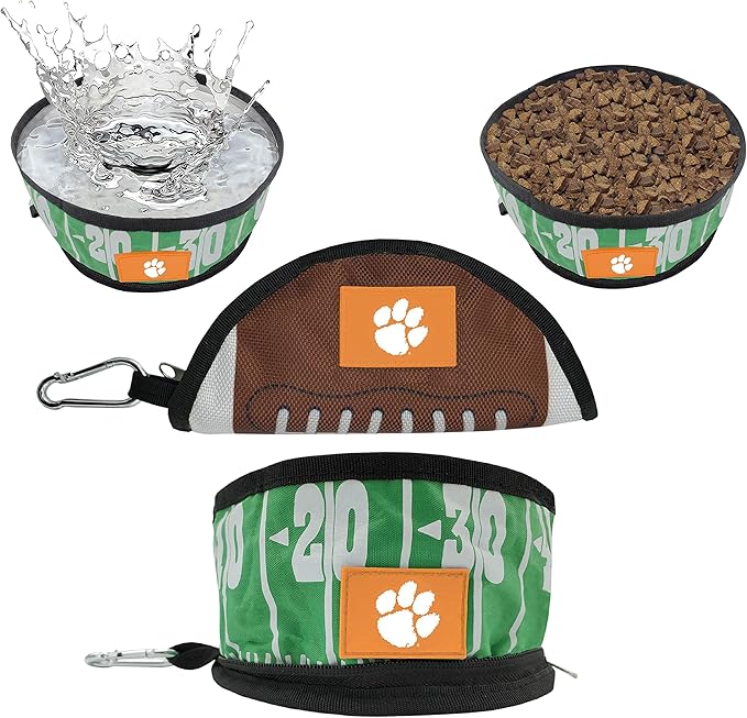 Pets First NCAA Clemson Tigers Collapsible Dog Travel Bowl, Food and Water Bowl for Dogs & Cats. Lightweight Leak-Proof Pet Bowl for Travel with Football Field & Pebble-Grain Design