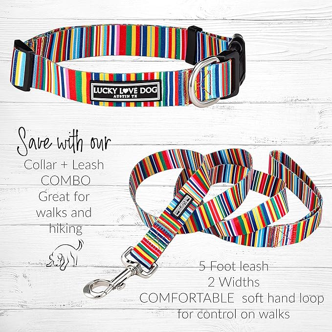 Lucky Love Dog - Easy Click Buckle Dog Collar with Leash Set Combo, Durable & Comfortable for Male & Female Dogs, Pet Collar for Large Dogs, Secure Fit - Hippie Combo, Large