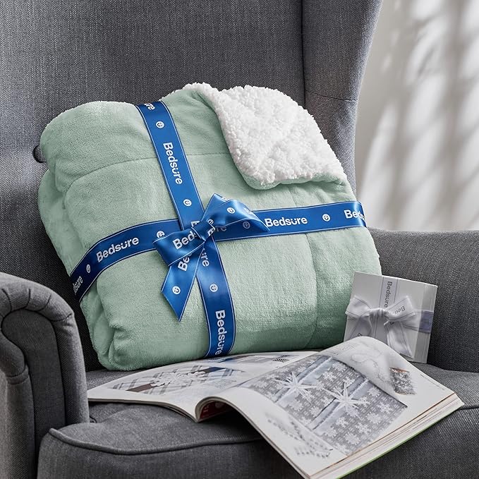 Bedsure GentleSoft Sherpa Fleece Blanket Queen Size for Bed, Non-Heated, Thick and Warm Throw for Women and Men, Soft Fuzzy Plush Queen Blanket for Winter, Sage Green, 90x90 Inches