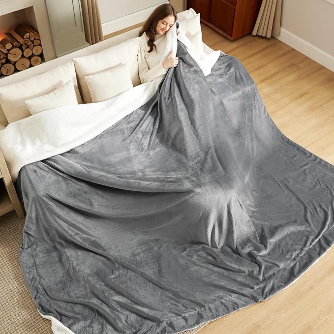 Bedsure GentleSoft Sherpa Fleece Cal King Blankets for Bed, Non-Heated, Thick and Warm Oversized Blanket for Winter, Soft Fuzzy Plush Large Throw for Women and Men, Grey, 112x98 Inches