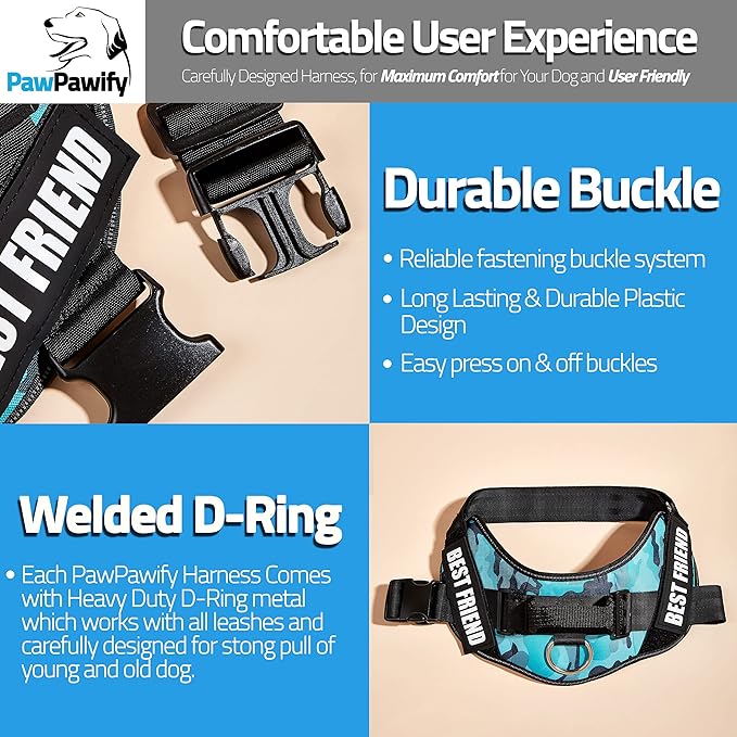 PawPawify Personalized No Pull Dog Harness with 2 Custom Name & Phone Patches, Reflective Breathable Pet Vest for Walking Training, Adjustable Heavy Duty Service Dog Vest for Small Medium Large Dogs