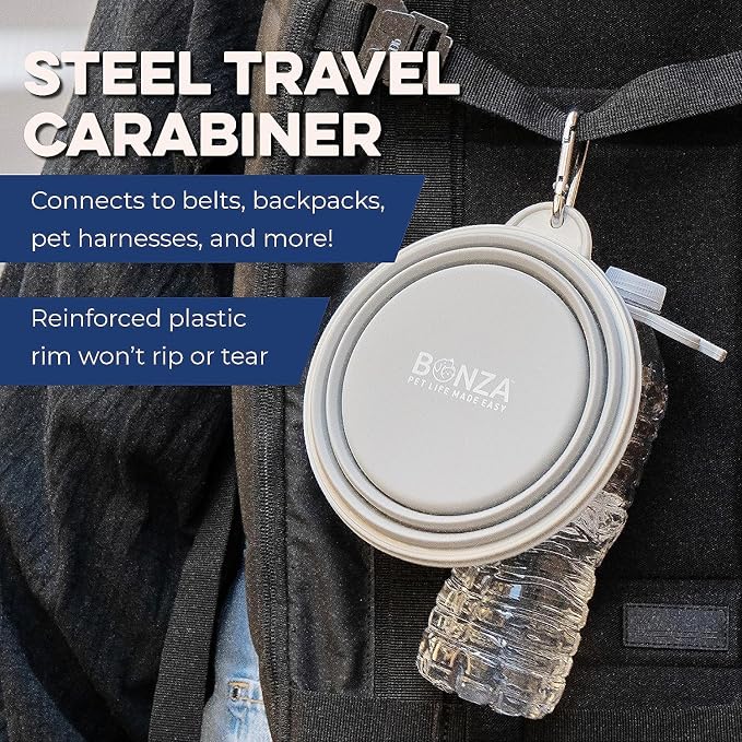 Bonza Collapsible Dog Bowls - 2 Pack, Small 12 oz, Dog Travel Accessories, Silicone Portable Dogs Bowl & Water Dish with Reinforced Rim & Carabiner for Hiking, Camping, and Car Trips, Navy Blue
