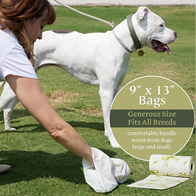 The Gardener’s Daughter Home Compostable Dog Poop Bags - 20 Micron Extra Thick (33% Thicker) - Lavender Scented, 120 Count - TÜV & OK Home Certified - Leak-Proof - Elegant White with Green Ribbon