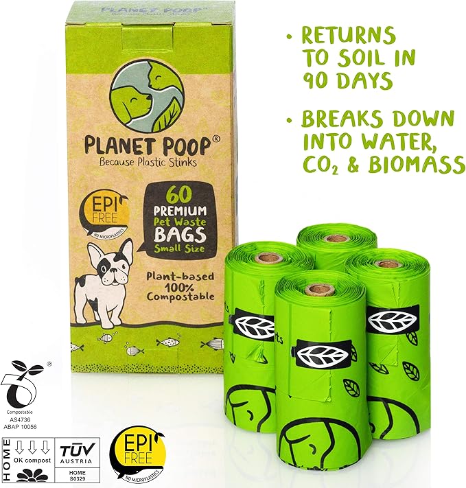 PLANET POOP Home Compostable Dog Poop Bags for Small Pets, 60 Mini Size Dog Waste Bags with Handles, Un-Scented Leakproof Doggy or Cat Bag, Plant Based Pet Supplies