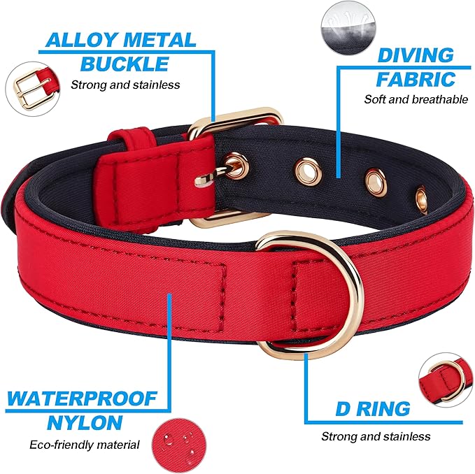 Didog Soft Padded Dog Collar for Large Dogs, Lightweight and Breathable Dog Collar with Metal Buckle, Red, XL