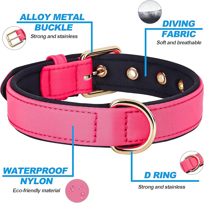 Didog Soft Padded Dog Collar for Large Dogs, Lightweight and Breathable Dog Collar with Metal Buckle, Pink, XL