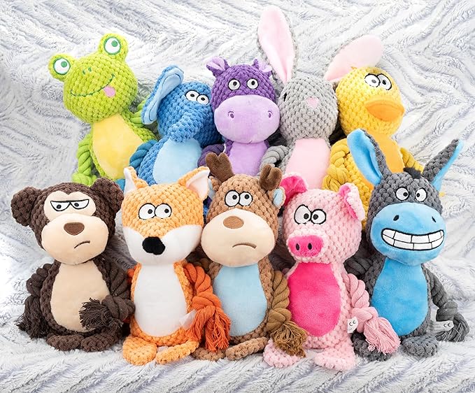 Dog Toy Squeaky Chewing Rope Stuffed Plush Animal with Crinkle Paper Interactive Soft Aggressive S-M-L Pets Gift Holiday Pink Pig