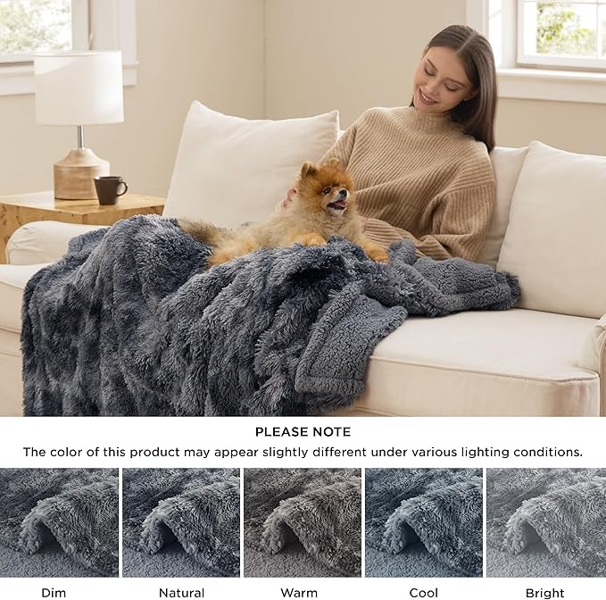 Bedsure Waterproof Dog Blankets for Small Dogs - Cat Blanket for Couch Protector Washable Long Faux Fur,Calming Soft Reversible Throw Furniture Protection for Puppy Pet, 25"x35", Tie-dye Grey