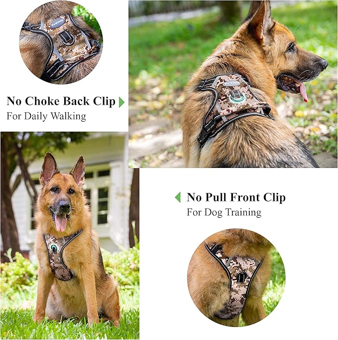 No Pull Dog Harness, Reflective Walking Dog Harness with Easy Control Handle and Front & Back Clips,Adjustable Breathable Soft Padded Dog Vest Harness for Large Medium Small Dogs Camo,XL