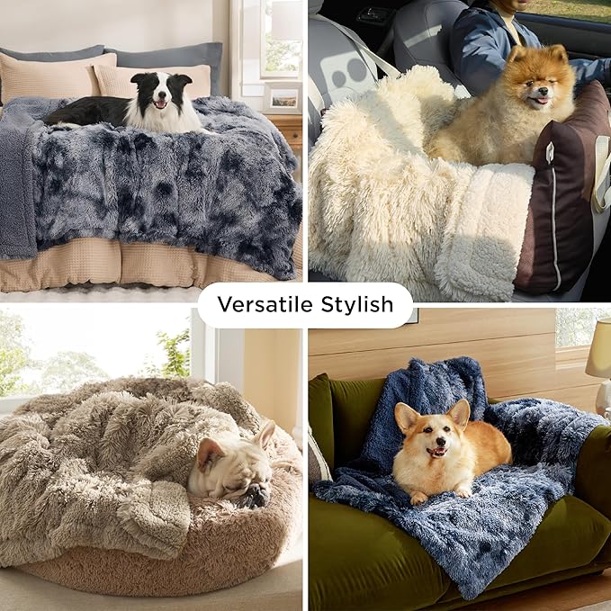 Bedsure Waterproof Dog Blankets for Small Dogs - Cat Blanket for Couch Protector Washable Long Faux Fur,Calming Soft Reversible Throw Furniture Protection for Puppy Pet, 25"x35", Tie-dye Grey