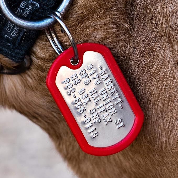 Dog Tags for Dogs, Custom Dog Collar ID Tag Personalized for Pets - Super Tough, Quiet Embossed Military Style Stainless Steel Dog Name tag (Red)
