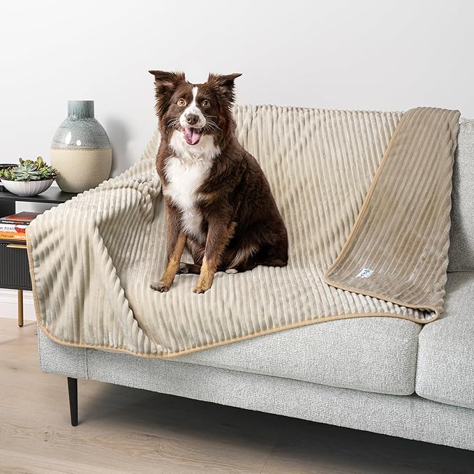 PetAmi Waterproof Dog Blanket, Leakproof Pet Blanket for Small Medium Large Dogs, Reversible Furniture Bed Sofa Couch Cover Protector, Plush Striped Pet Throw for Indoor Cat, 24x32 in, Taupe Beige