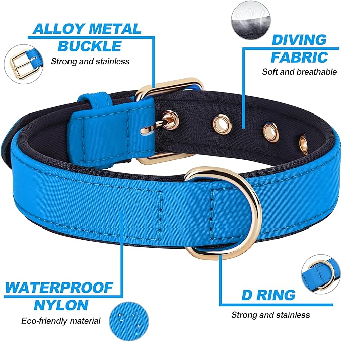 Didog Soft Padded Dog Collar for Large Dogs, Lightweight and Breathable Dog Collar with Metal Buckle, Blue, XL