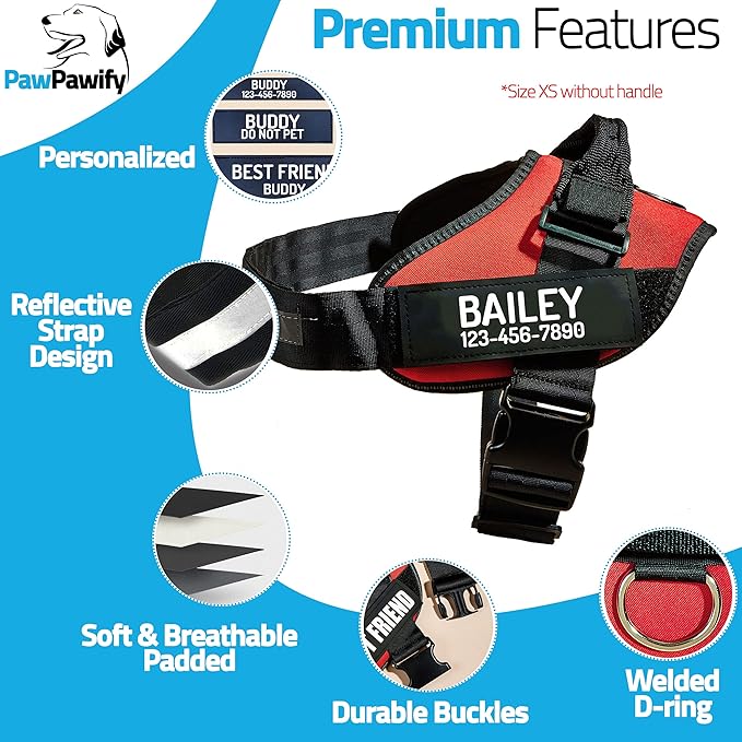 PawPawify Personalized No Pull Dog Harness with 2 Custom Name & Phone Patches, Reflective Breathable Pet Vest for Walking Training, Adjustable Heavy Duty Service Dog Vest for Small Medium Large Dogs