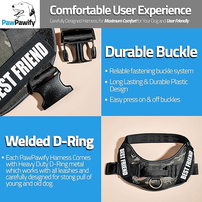 PawPawify Personalized No Pull Dog Harness with 2 Custom Name & Phone Patches, Reflective Breathable Pet Vest for Walking Training, Adjustable Heavy Duty Service Dog Vest for Small Medium Large Dogs