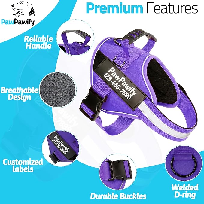 PawPawify Personalized No Pull Dog Harness with 2 Custom Name & Phone Patches, Reflective Breathable Pet Vest for Walking Training, Adjustable Heavy Duty Service Dog Vest for Small Medium Large Dogs