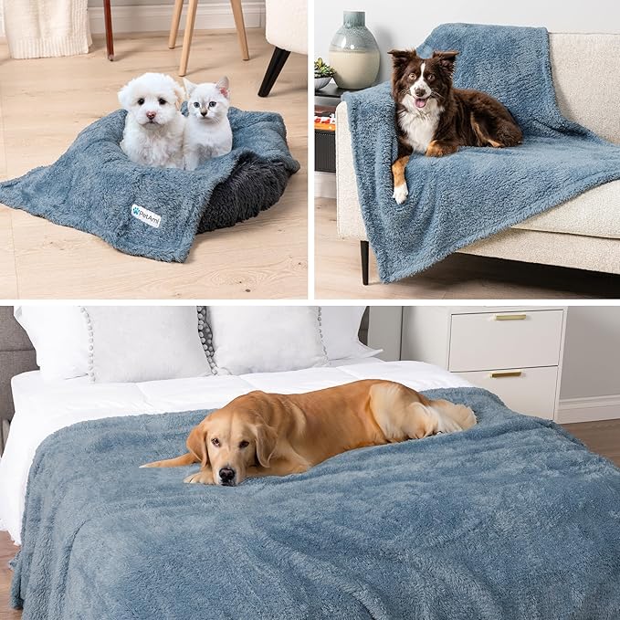 PetAmi Fluffy Waterproof Dog Blanket for Bed Large Dogs, Soft Warm Pet Sherpa Throw Pee Proof Couch Cover, Reversible Cat Blanket Sofa Crate Kennel Protector, Washable Mat (Dusty Blue, 60x80)