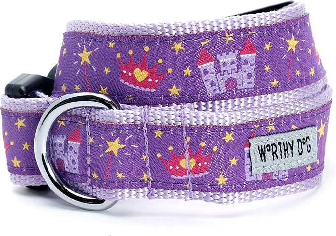 THE WORTHY DOG Collar for Large Dogs, Adjusts 18-24 inches, Durable Nylon Webbing, Quick Release Buckle, Princess Pattern, Purple, X-Large
