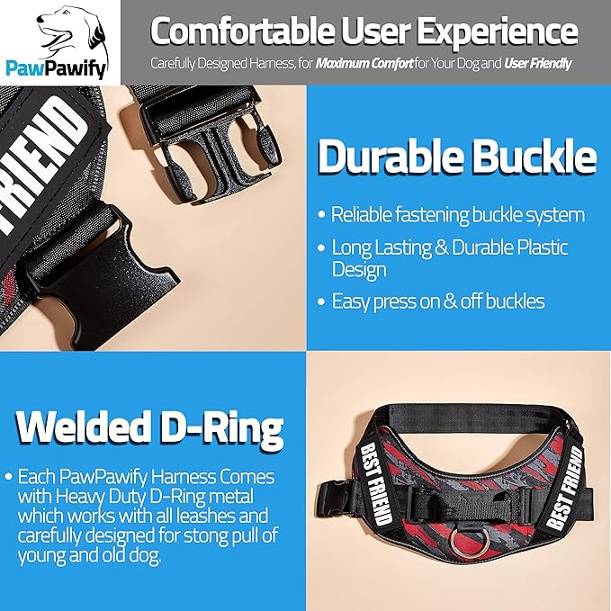 PawPawify Personalized No Pull Dog Harness with 2 Custom Name & Phone Patches, Reflective Breathable Pet Vest for Walking Training, Adjustable Heavy Duty Service Dog Vest for Small Medium Large Dogs
