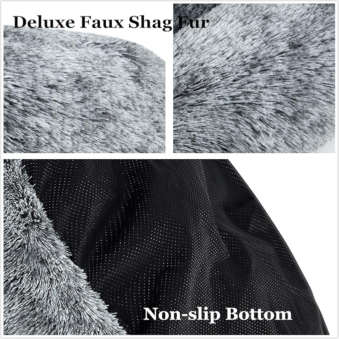 Coohom Oval Calming Donut Cuddler Dog Bed,Shag Faux Fur Cat Bed Washable Round Pillow Pet Bed(30"/36"/43") for Small Medium Dogs (L(30"x24"x7"), Grey)