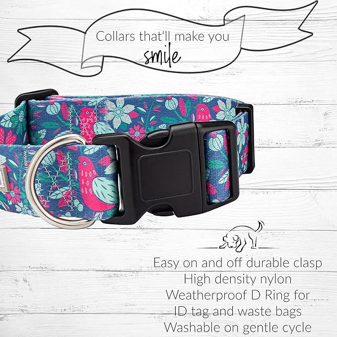 Lucky Love Dog Wide Dog Collar - Adjustable, Durable, Soft Webbing, & Comfortable 1.5 inch Wide Collar for Dogs Male and Female with Strong Buckle - Carriebelle, Medium