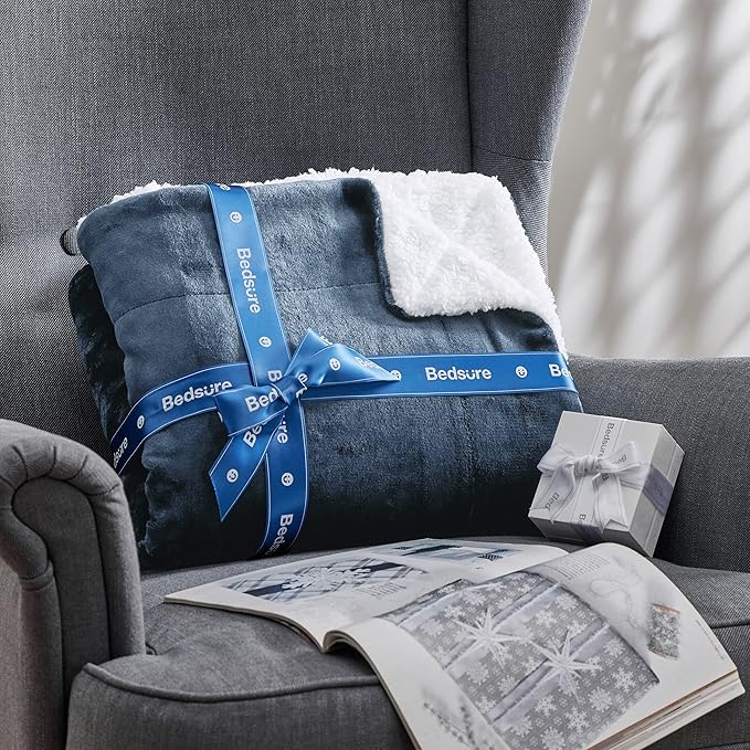 Bedsure GentleSoft Sherpa Fleece Throw Blanket for Couch, Non-Heated, Thick and Warm Throw for Women and Men, Soft Fuzzy Plush Blanket for Winter, Slate Blue, 50x60 Inches