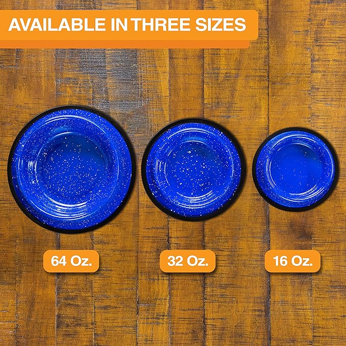 Neater Pet Brands - Outdoor Camping Style Pet Bowl - Enamel Ware Blue Black Granite Colors - Dog Cat No Tip Skid Bowls (64 oz, Blue)