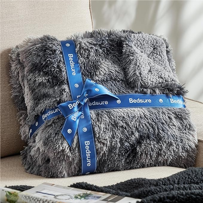 Bedsure GentleSoft Fluffy Sherpa Fleece Faux Fur Blankets Queen Size for Bed, Bedroom Decor Winter Bedding Thick Warm Full Queen Blankets, Fuzzy Plush Soft Heavy Mink Cozy Gifts, Tie Dye Grey, 90x90