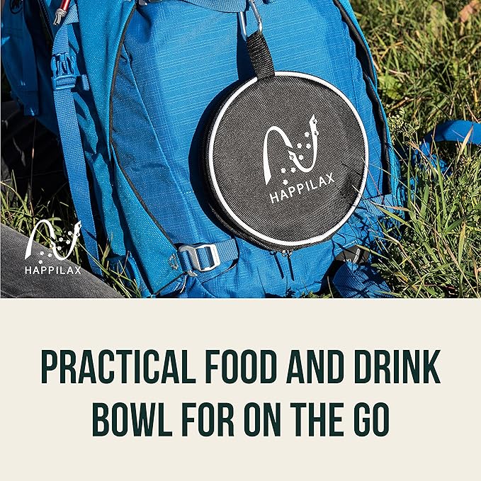 Happilax Travel Dog Bowl Set - 2 Foldable Silicone Food and Water Bowls with Carabiners and Bag - Collapsible Feeding Bowls for Wet and Dry Food - 680ml Capacity - Available in Black and Blue