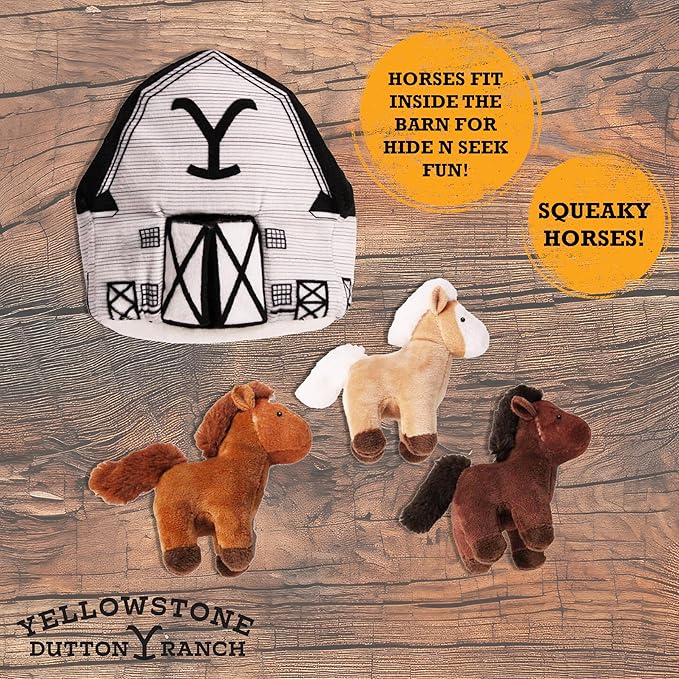 design LAB, Inc. Official Yellowstone Merchandise | Dog Plush Toys | Yellowstone Nesting Toy Barn with Horses | Squeaky Stuffed Animal Horse Gift Set