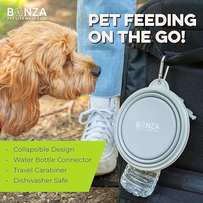 Bonza Collapsible Dog Bowls - Large 33 oz, Dog Travel Accessories, Silicone Portable Dogs Bowl & Water Dish with Reinforced Rim & Carabiner for Hiking, Camping, and Car Trips, Moss Periwinkle