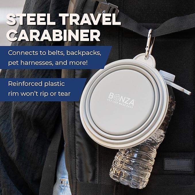 Bonza Collapsible Dog Bowl - Portable Travel Water Bowl for Dogs - Dishwasher Safe Silicone Pet Dish - Collapsible Pet Dish with Carabiner Clip - 50 Oz, X-Large, Navy Blue