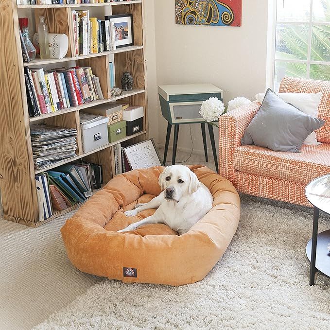 Majestic Pet 32 Inch Micro Velvet Calming Dog Bed Washable – Cozy Soft Round Dog Bed with Spine for Head Support - Fluffy Donut Puppy Mat 32x23x7 (inch) Medium - Vintage
